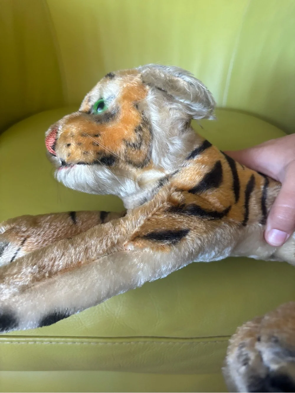 Steiff Vintage Mohair Tiger Stuffed Animal Plush Green Eyes Laying Tiger